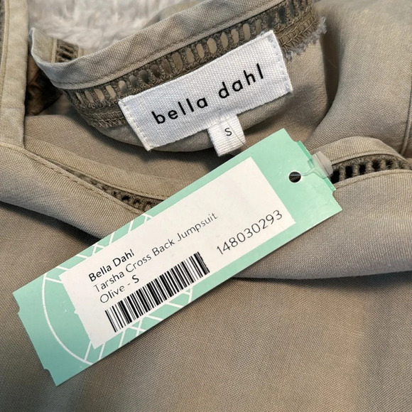 Bella Dahl Tarsha Cross Back Jumpsuit NWOT Small Olive Tie Waist Trim Detail - Picture 10 of 15